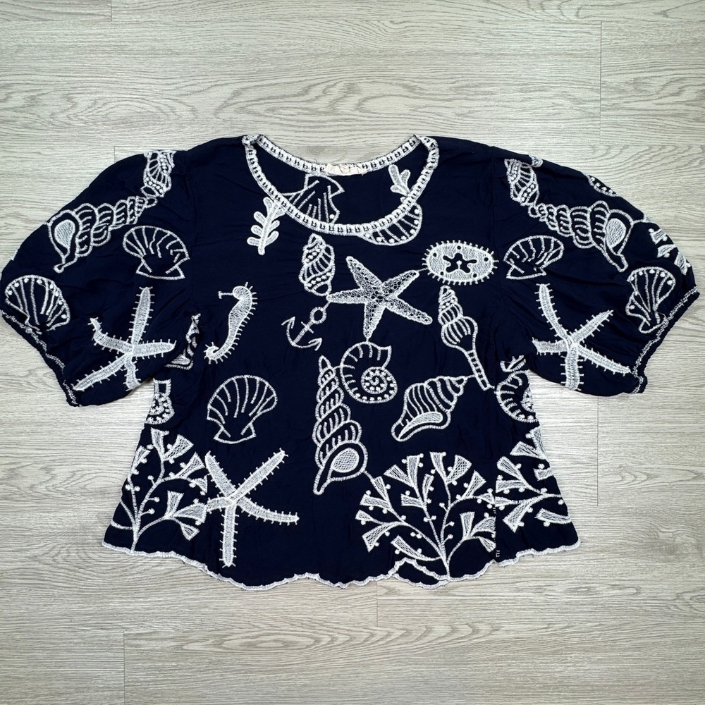 Solitaire Women's Blouse Navy Blue XL Seashell Starfish Embroidered Puff Sleeve